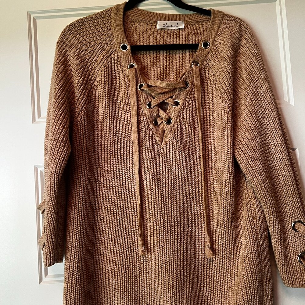 Chicwish Oversized Knit Lace-Up Sweater – Camel Tan – Size Medium